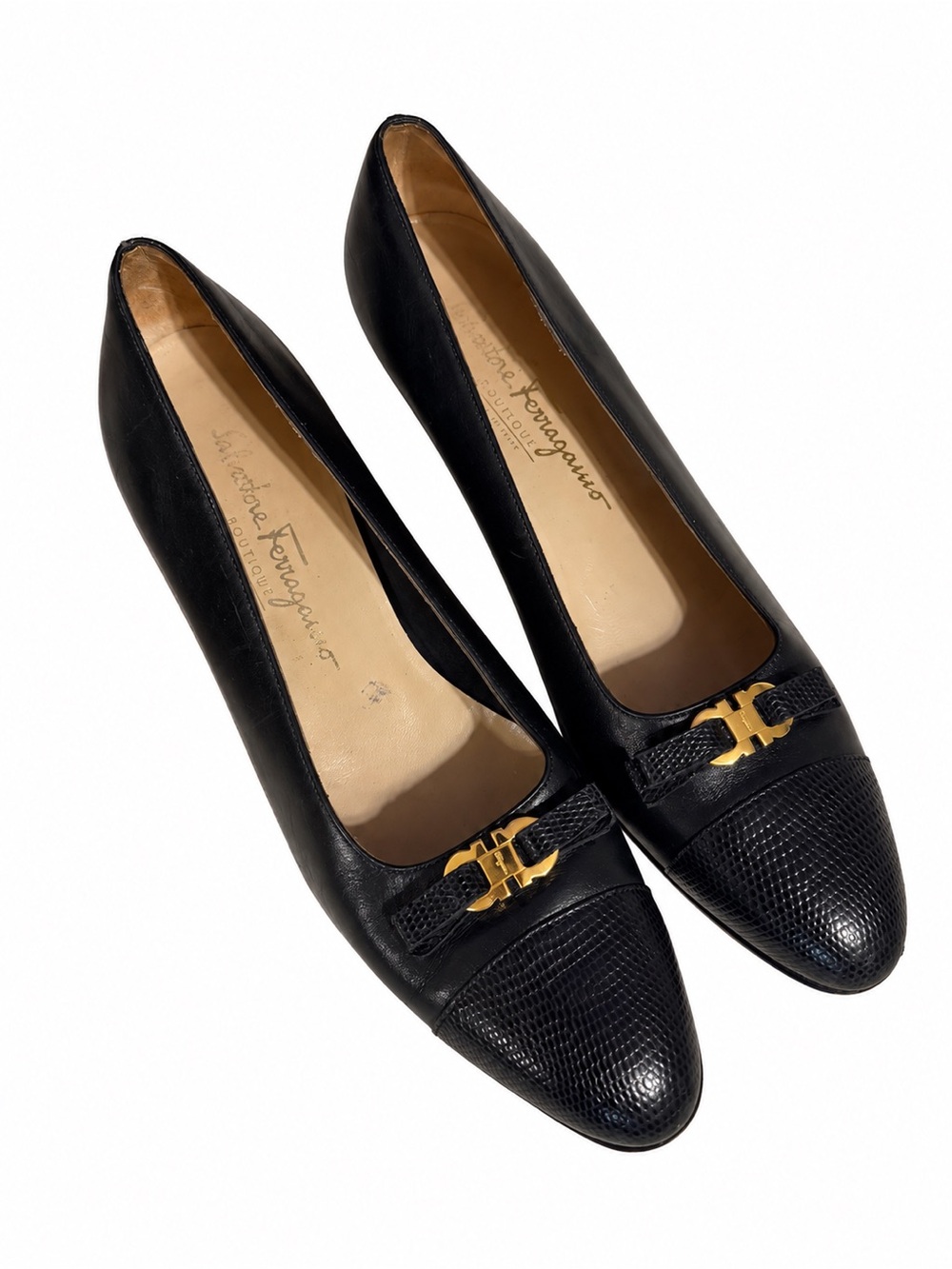 Vintage Salvatore Ferragamo Black Leather Low Block Heel Pumps Size 8.5 AA